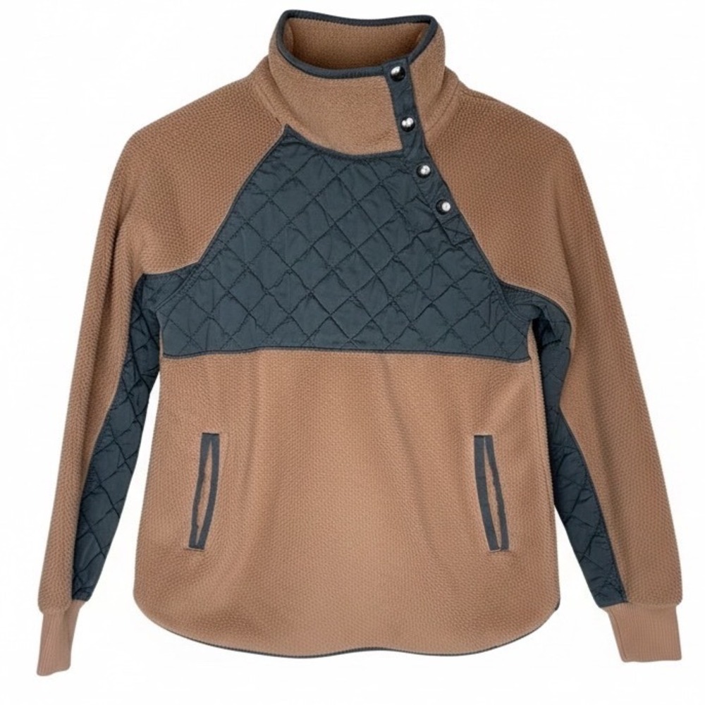 Abercrombie & Fitch Womens Cozy Fleece Pullover Quilted Snap Neck Tan Gray XS